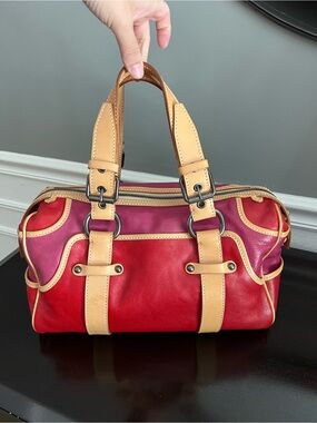 Celine Vintage Red and Pink Leather Shoulder boogie Bag with Tan Trim
